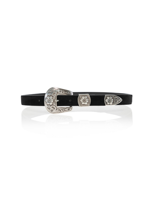 CAMILLA Black Suede, Silver Floral